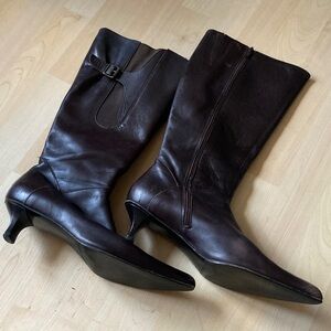 Lumiani Dk Brown Leather Knee-Hi Heeled Boots Side Zip Sz 42